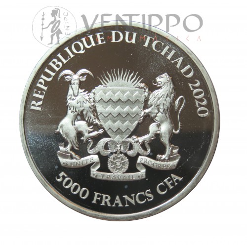 Tchad, 5000 Francs  ( 1 OZ. 999 mls. )Serie Mandala, Hipopótamo 2020, BU.