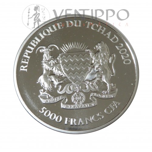 Tchad, 5000 Francs plata ( 1 OZ. 999 mls. ) Serie Mandala, Búfalo 2020, BU.