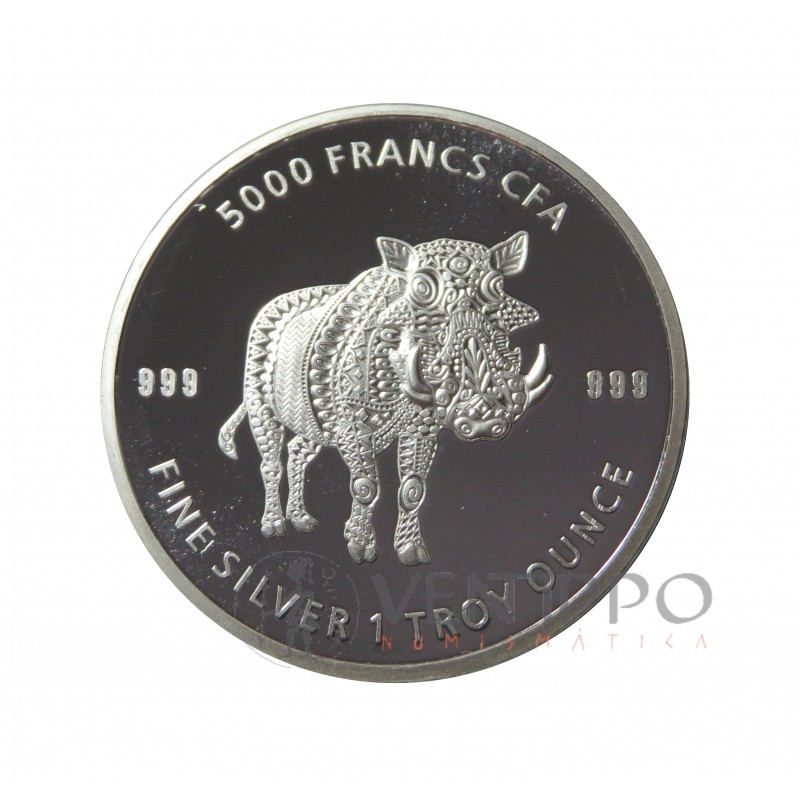 Tchad, 5000 Francs Plata ( 1 OZ 999 mls ), Serie Mandala, Jabalí 2021.