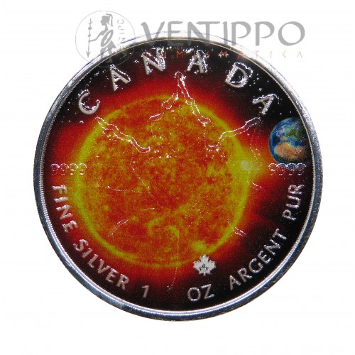 Canadá, 5 $ plata (1 OZ. 9999 mls), Hoja de Arce/ Sol Coloreada 2022