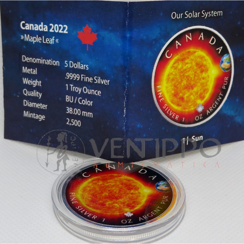 Canadá, 5 $ plata (1 OZ. 9999 mls), Hoja de Arce/ Sol Coloreada 2022