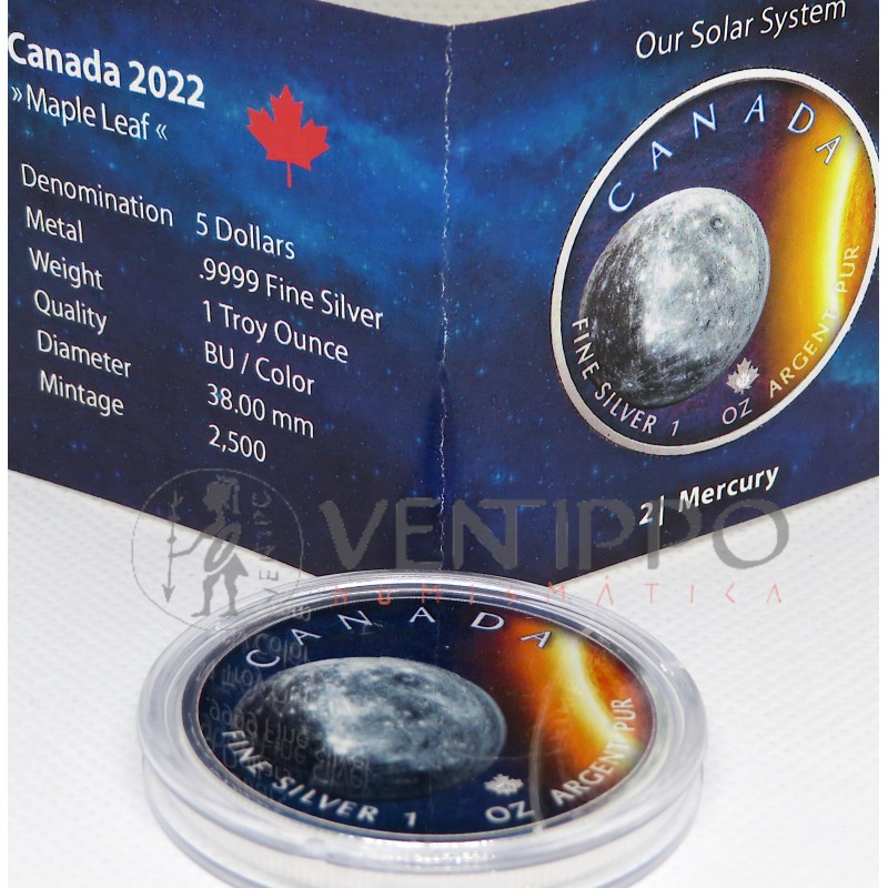 Canadá, 5$ Plata ( 1 OZ ley 9999 mls ) Hoja de Arce / Mercurio coloreada 2022.