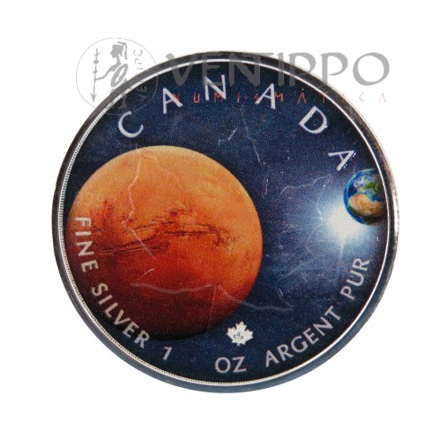 Canadá. 5 $ Plata ( 1 OZ. ley 9999 milésimas ), Hoja de Arce / Marte 2022 coloreada.