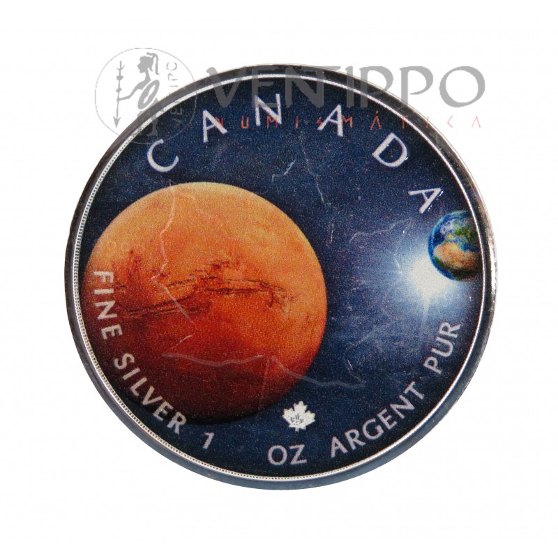 Canadá. 5 $ Plata ( 1 OZ. ley 9999 milésimas ), Hoja de Arce / Marte 2022 coloreada.