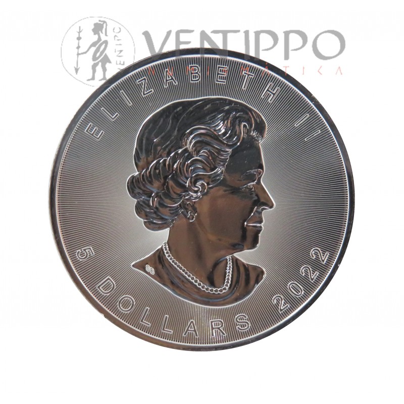 Canadá. 5 $ Plata ( 1 OZ. ley 9999 milésimas ), Hoja de Arce / Marte 2022 coloreada.