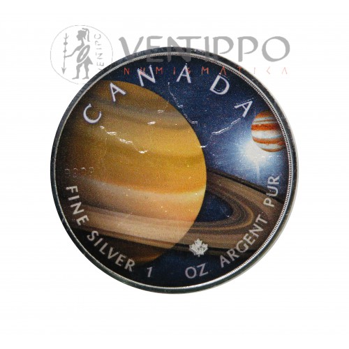 Canadá, 5 $ Plata ( 1 OZ 999 mls  ) Hoja de Arce / Saturno coloreada 2022.