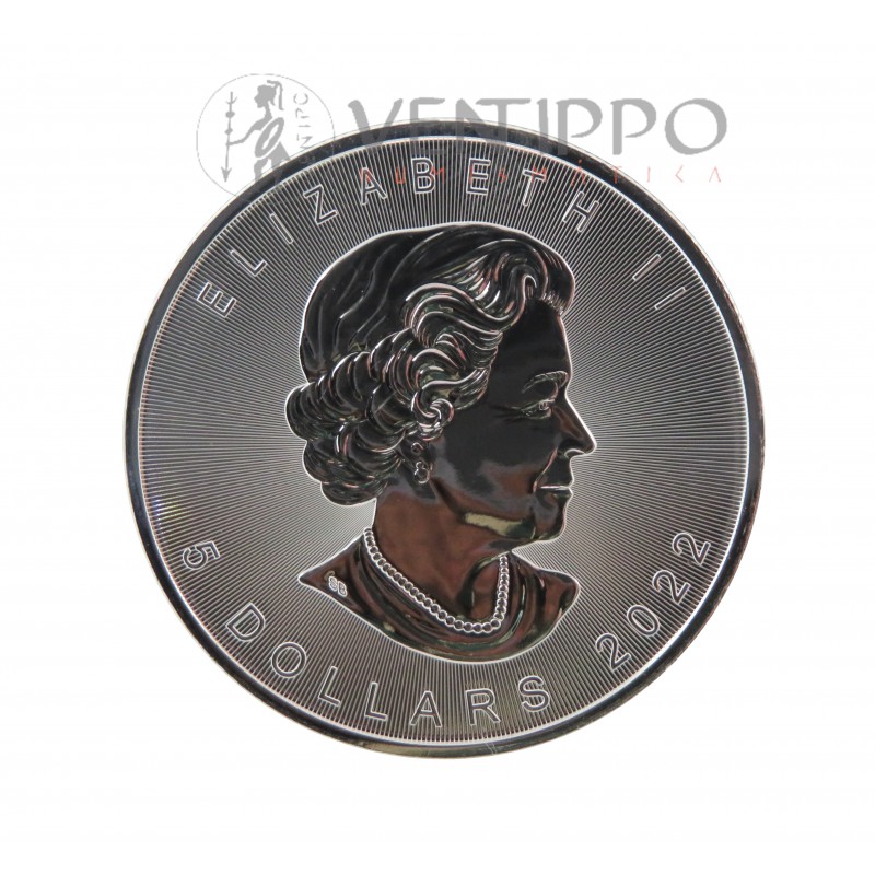 Canadá, 5 $ Plata ( 1 OZ 999 mls  ) Hoja de Arce / Saturno coloreada 2022.