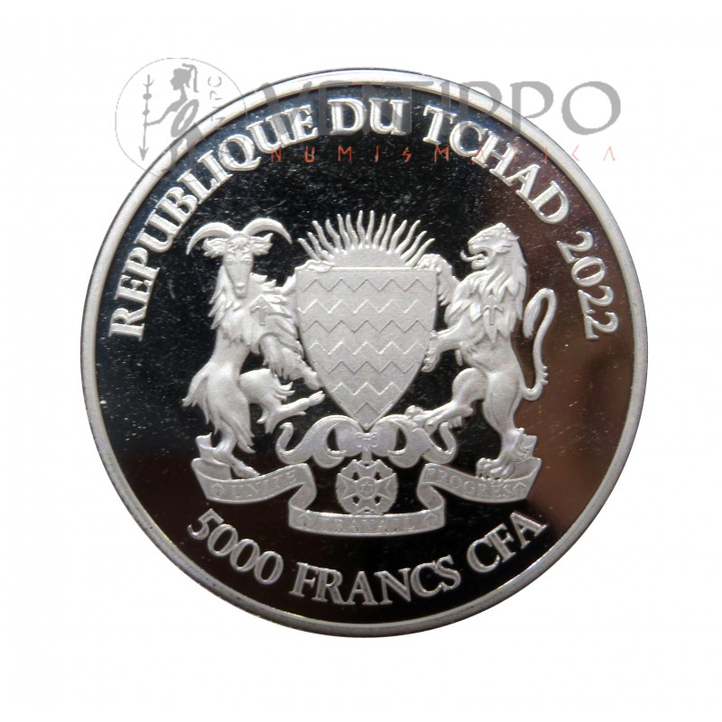 Tchad, 5000 Francs Plata (1 Oz. ley 999 mls) Cocodrlio Mandala