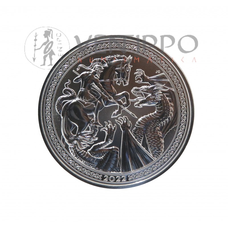 Ascención Islands, 2 Pounds Plata ( 1 OZ ley 999 mls. ) Serie Modern Masters, San Jorge y Dragón, 2022, BU