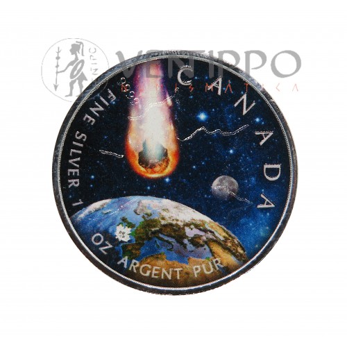 Canadá, 5 $ Plata ( 1 OZ ley 9999 mls ), Hoja de Arce / Meteorito, 2023 coloreada.