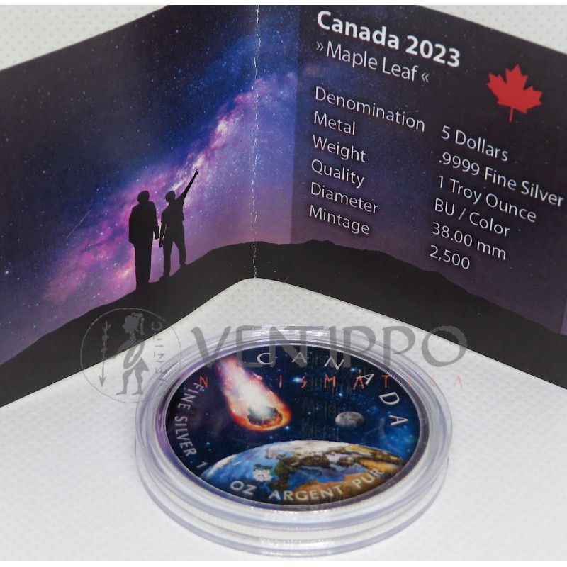 Canadá, 5 $ Plata ( 1 OZ ley 9999 mls ), Hoja de Arce / Meteorito, 2023 coloreada.