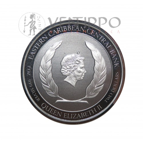 Antigua y Barbuda, 2 $ Plata ( 1 OZ  999 mls ) EC8 V, Escudo de Armas 2012, Prooflike.