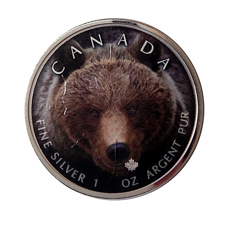 Canadá, 5 $ Plata ( 1 OZ. 9999 mls. ), Canada's Wildlife coloreada Grizzly.