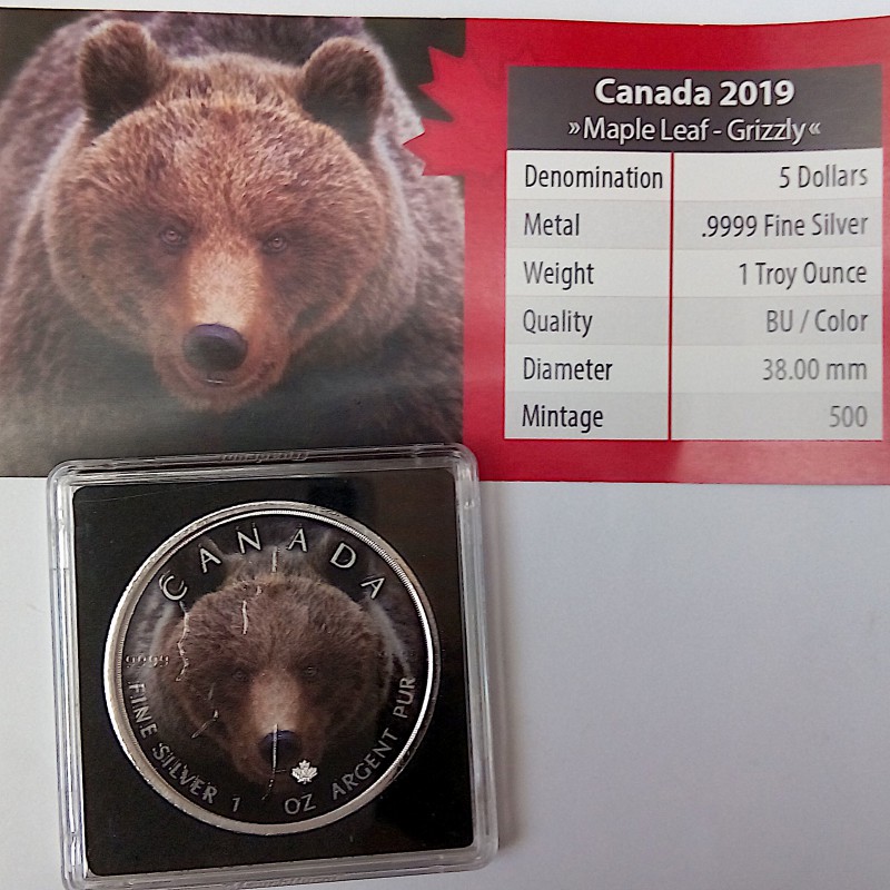 Canadá, 5 $ Plata ( 1 OZ. 9999 mls. ), Canada's Wildlife coloreada Grizzly.